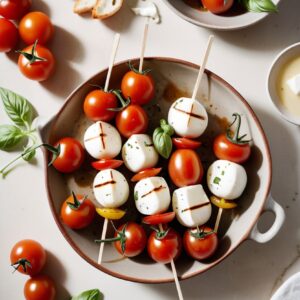 Caprese Skewers with Basil Pesto Drizzle - Vegetarian - Frenchynosh