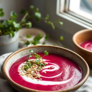 Velvety Beetroot Bliss Soup with Coconut Yogurt Swirl - Vegan - Frenchynosh