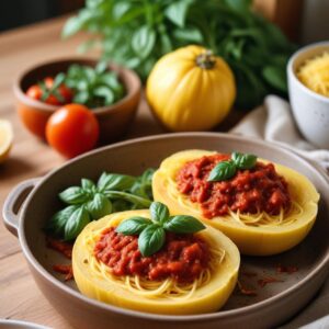 Harvest Spaghetti Squash with Herbed Tomato Sauce - Low Calorie - Frenchynosh