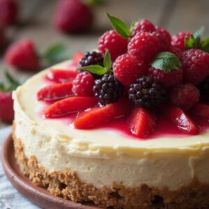 Festive Layered Cheesecake with Speculoos Crust and Fresh Red Fruits - Vegetarian - Frenchynosh